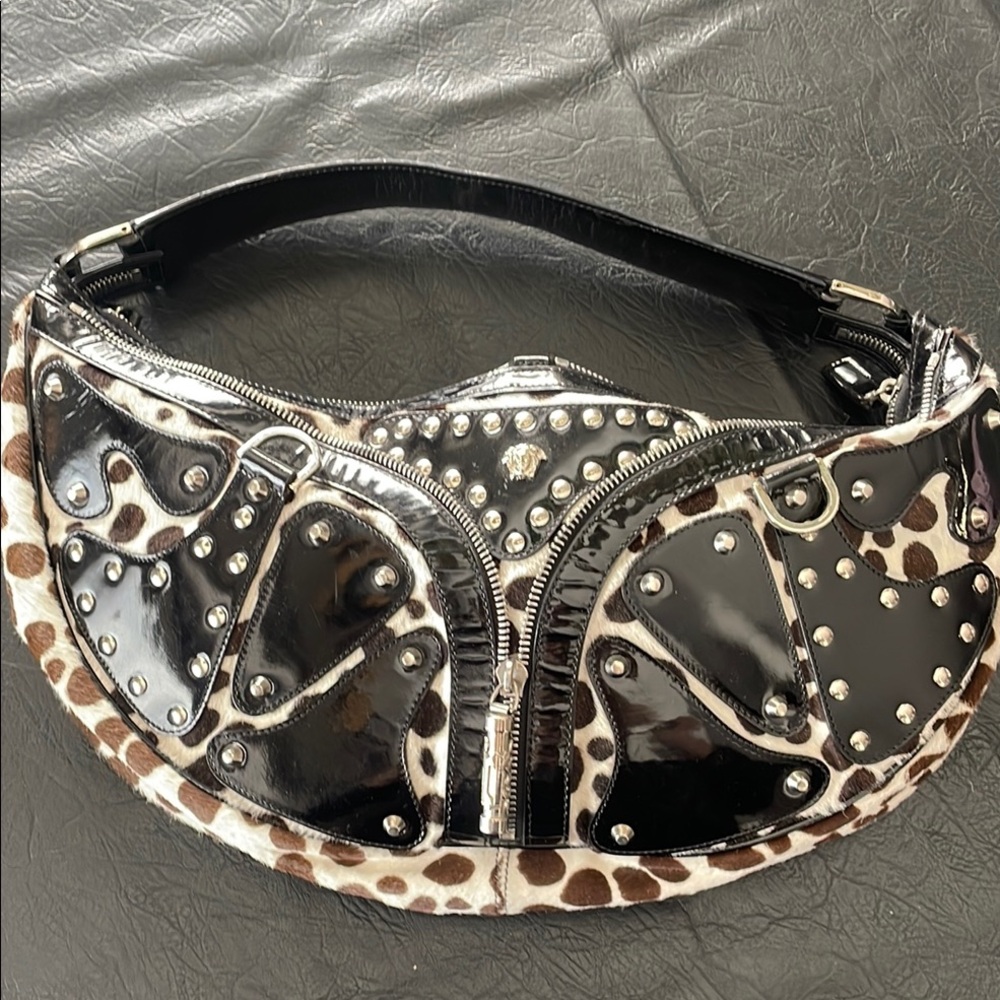 VERSACE Studded Black and Animal Print Belt Bag